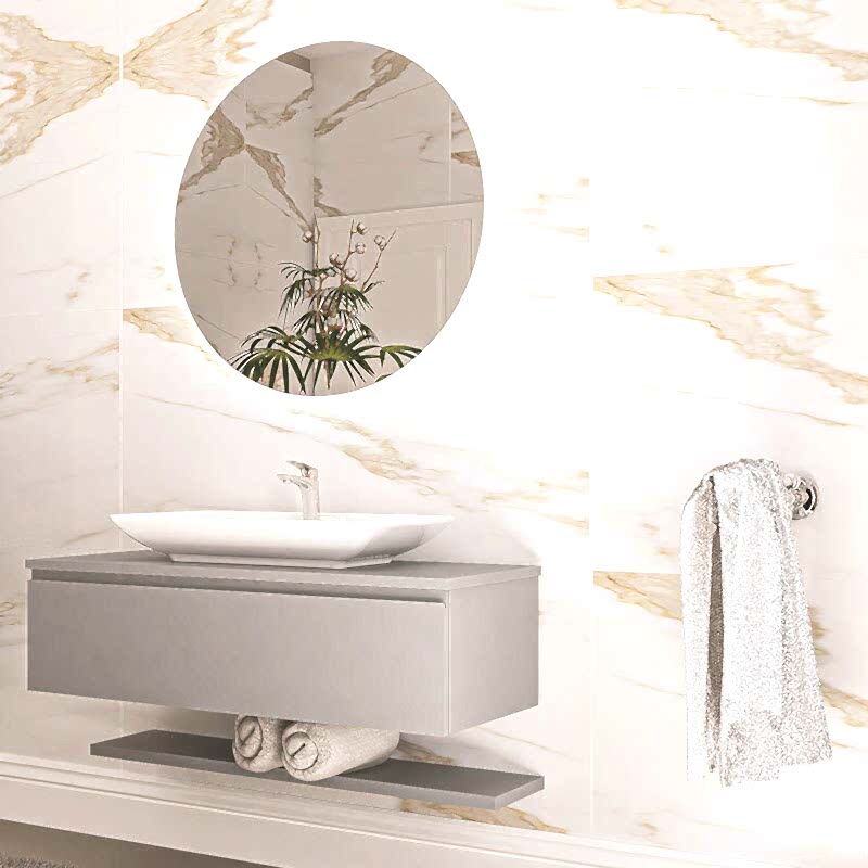 Flat Led Aynalı Raflı Banyo Dolabı Seti Gri