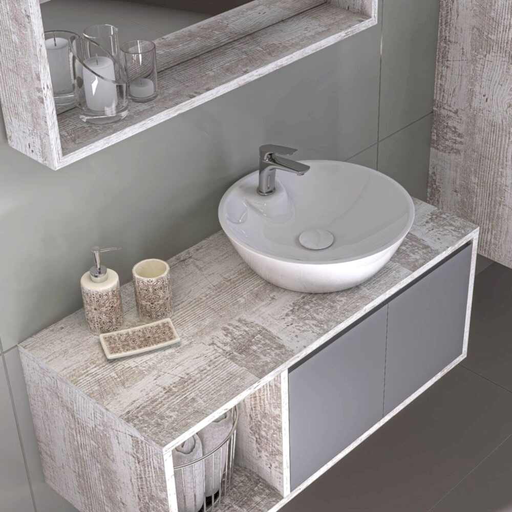Duo Aynalı Banyo Dolabı Seti Gri Meşe-Beyaz 100 cm