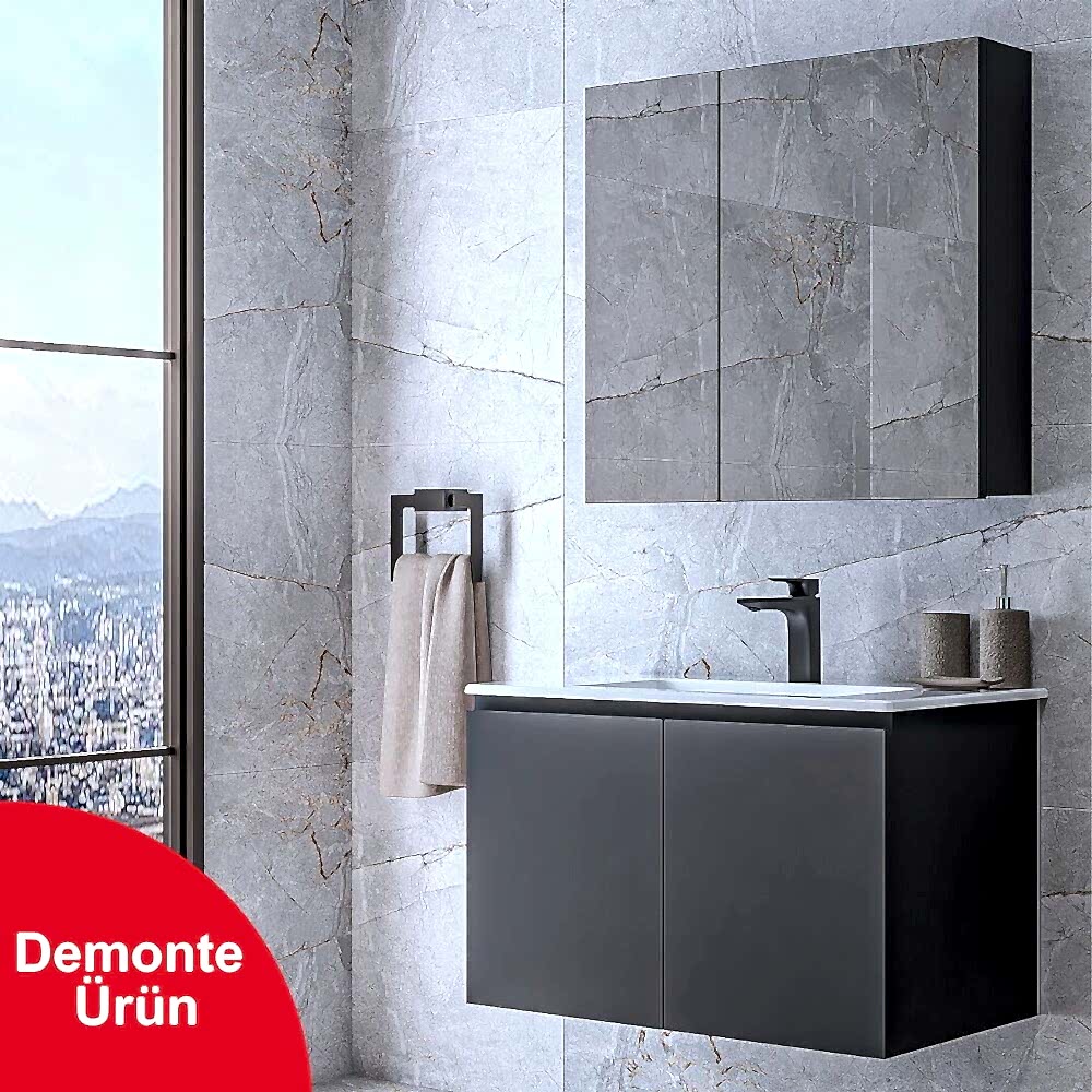 Alpu Ayna Dolaplı Banyo Dolabı Seti Antrasit