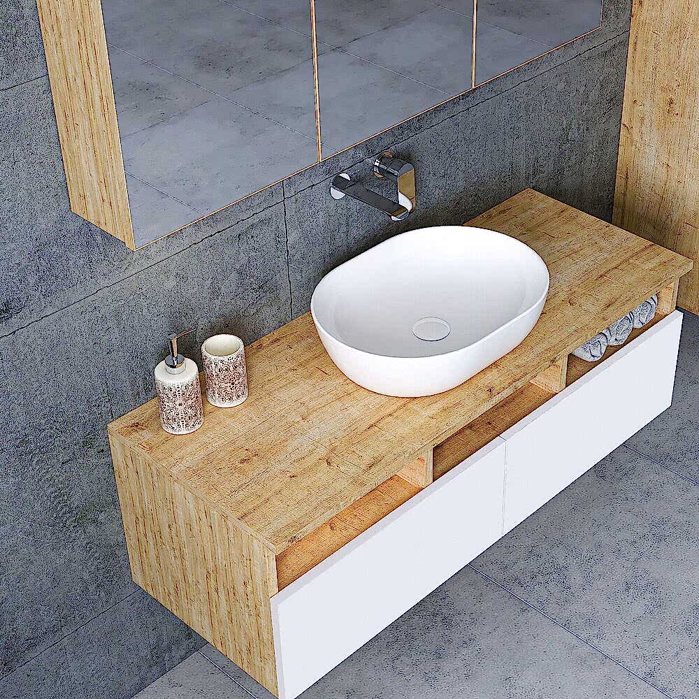 Still Ayna Dolaplı Banyo Dolabı Seti 100 Cm S.Meşe-Beyaz