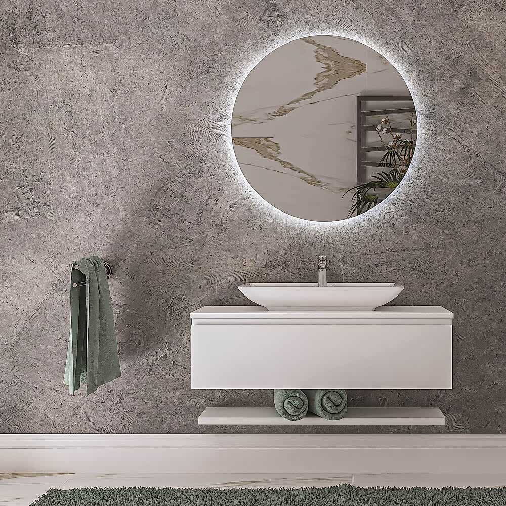 Flat Led Aynalı Raflı Banyo Dolabı Seti Beyaz
