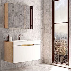  Troy Ayna Dolaplı Banyo Dolabı Seti S.Meşe-Beyaz