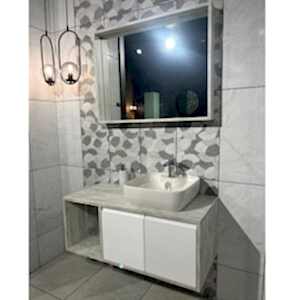  Duo Aynalı Banyo Dolabı Seti Gri Meşe-Beyaz 100 cm