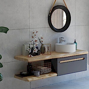  Natur Aynalı Banyo Dolabı Seti Raflı Antrasit 150 cm